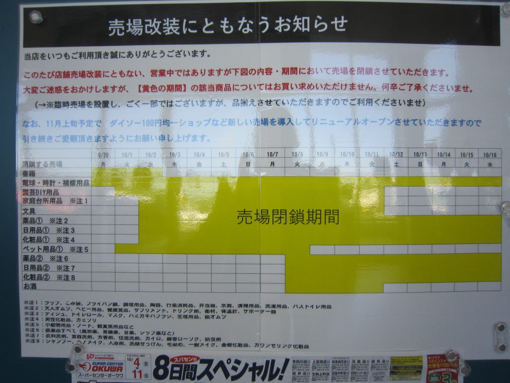 19 11上旬リニューアル 新しくダイソーも 南河内郡河南町の スーパーセンターオークワ 河南店 が売場改装中 さかにゅー